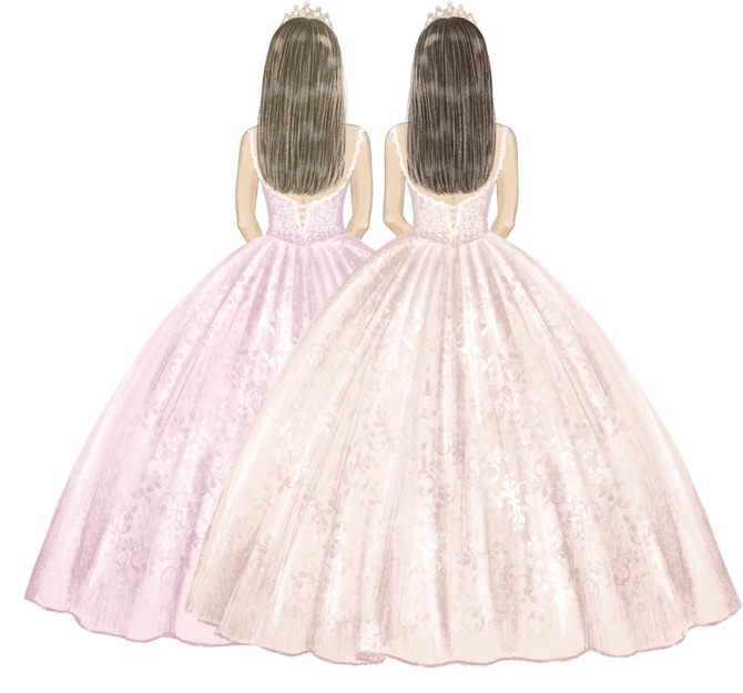 Two girls twins in ball gowns hand drawn illustration