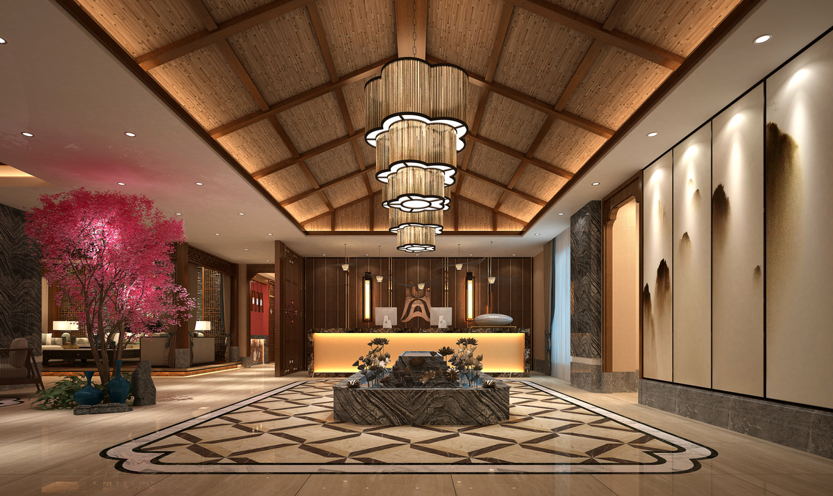 3d render of asian style hotel lobby reception